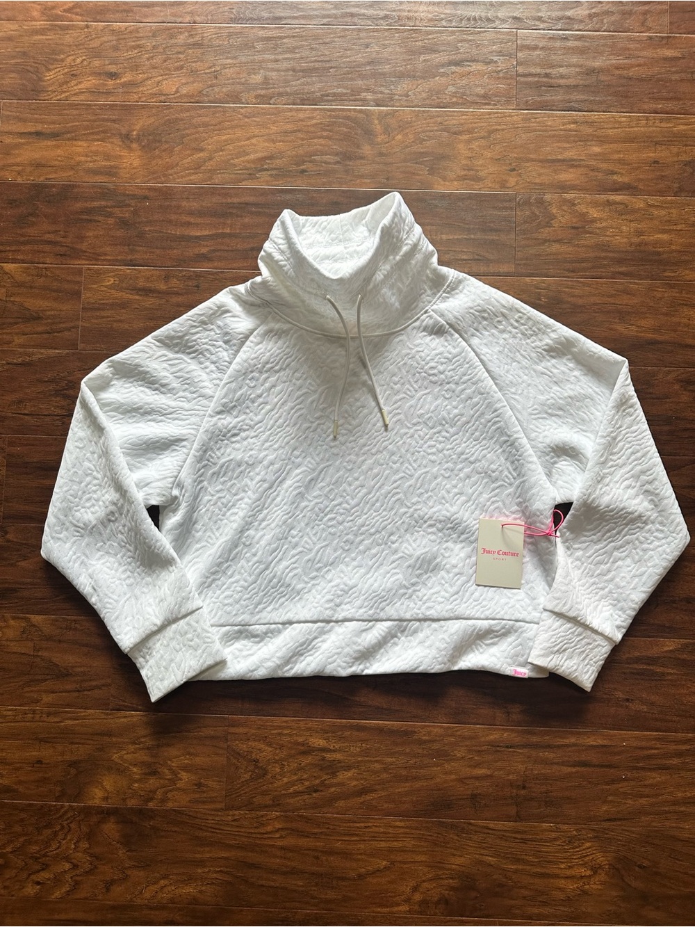 Juicy Couture Women’s White Textured Funnel Neck top with thumb holes